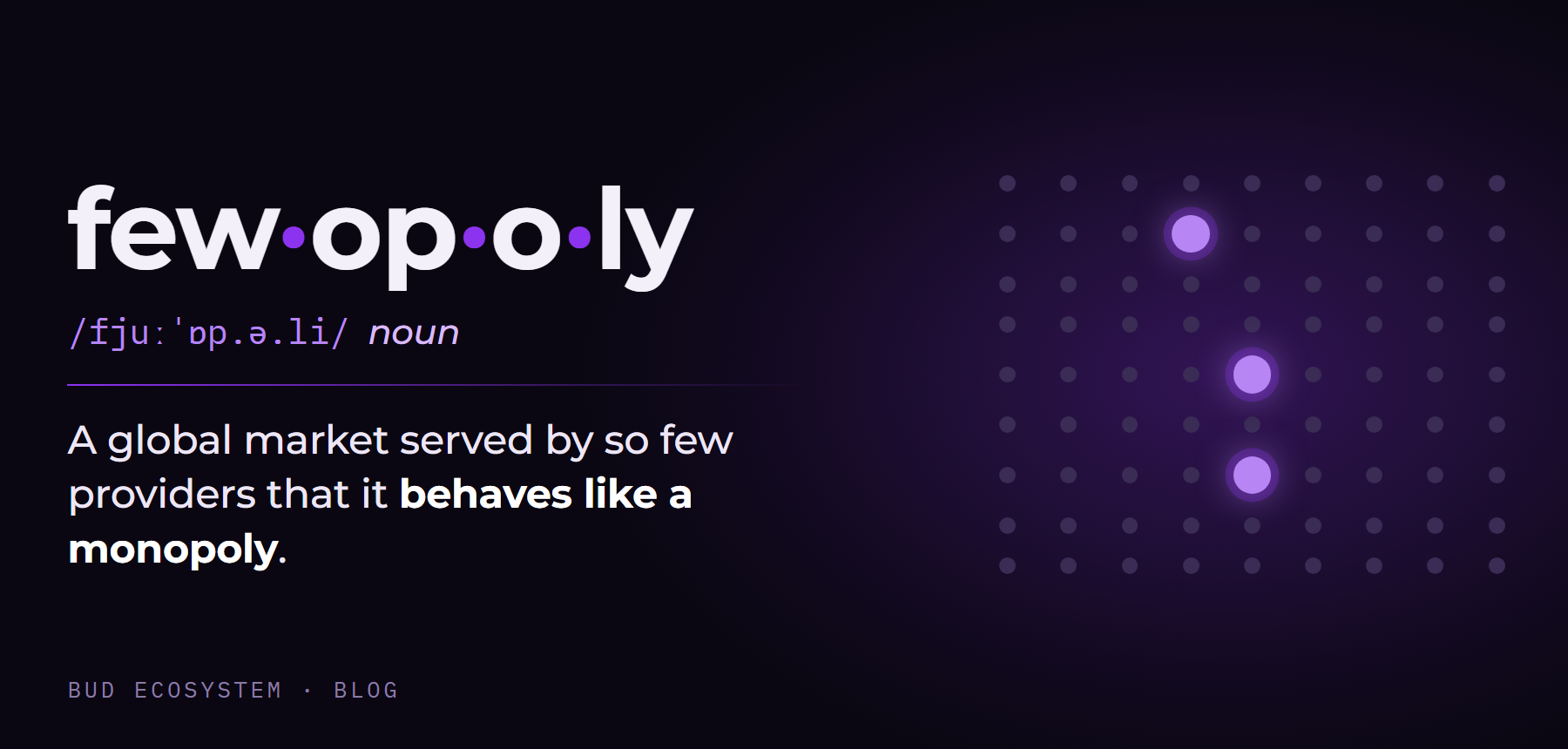 A dictionary entry. Fewopoly, noun: a global market served by so few providers that it behaves like a monopoly. Beside it, a field of eighty-one dim dots in which only three are lit.