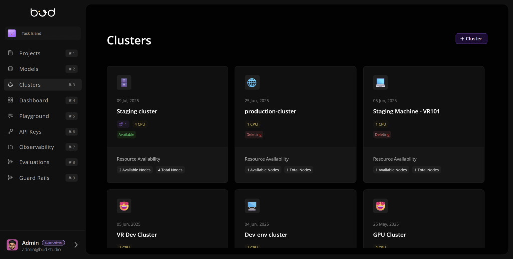 The Clusters screen showing staging, production and GPU clusters with node availability for each.
