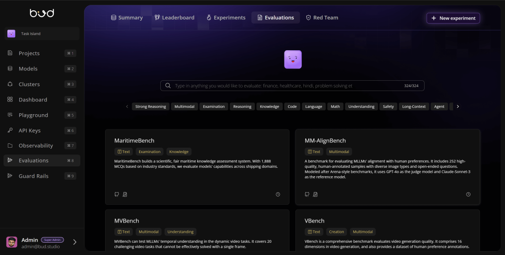 The Evaluations screen with a searchable benchmark catalogue filtered by capability, showing MaritimeBench, MM-AlignBench, MVBench and VBench.