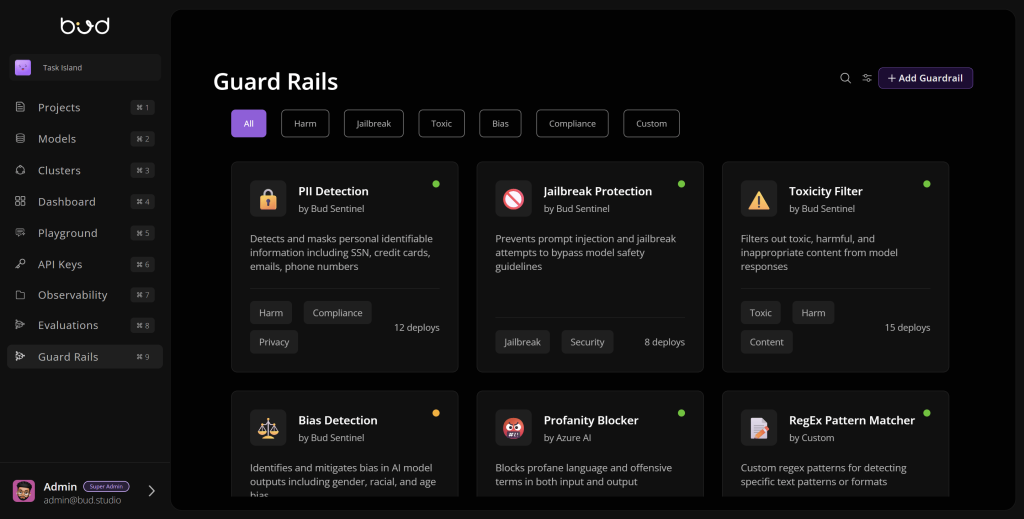 The Guard Rails screen listing PII detection, jailbreak protection, toxicity filter, bias detection, profanity blocker and a regex pattern matcher, each with a deployment count.