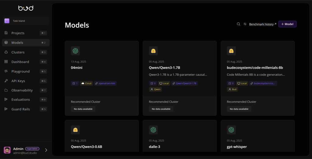 The Models screen listing 04mini, Qwen/Qwen3-1.7B, budecosystem/code-millenials-8b, Qwen/Qwen3-0.6B, dalle-3 and gpt-whisper with their recommended clusters.
