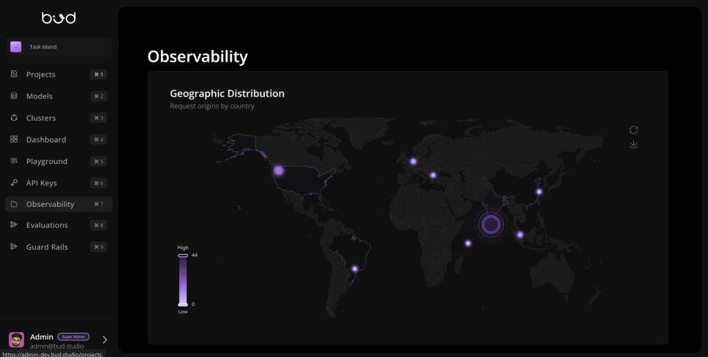 The Observability screen showing request geography on a world map with density plotted per region.