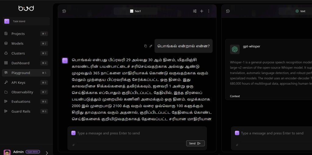 The Playground running two models side by side on the same prompt, one answering in Tamil and one describing the Whisper model.