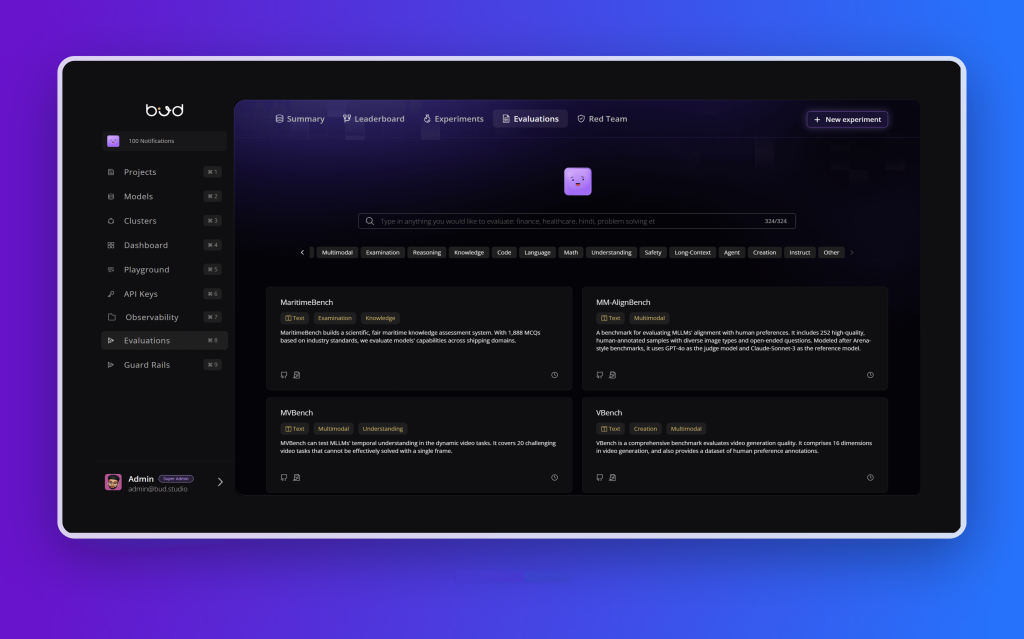 The Bud AI Foundry console on the Evaluations tab, listing benchmark suites such as MaritimeBench, MM-AlignBench, MVBench and VBench, with a left rail for projects, models, clusters, playground, observability and guard rails.