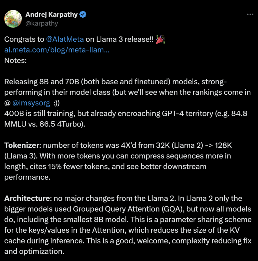 A screenshot of a public post describing Llama 3's tokenizer and attention changes, including its token-per-parameter training ratio.