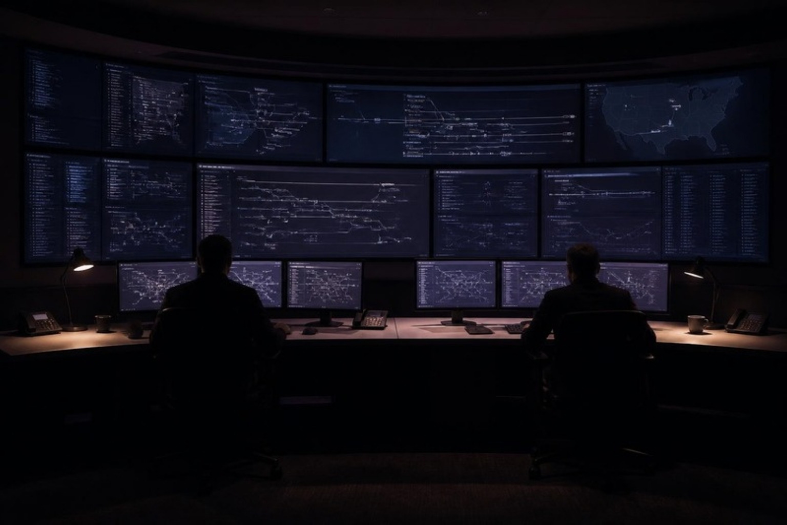 A quiet control room, two operators facing one wall of screens