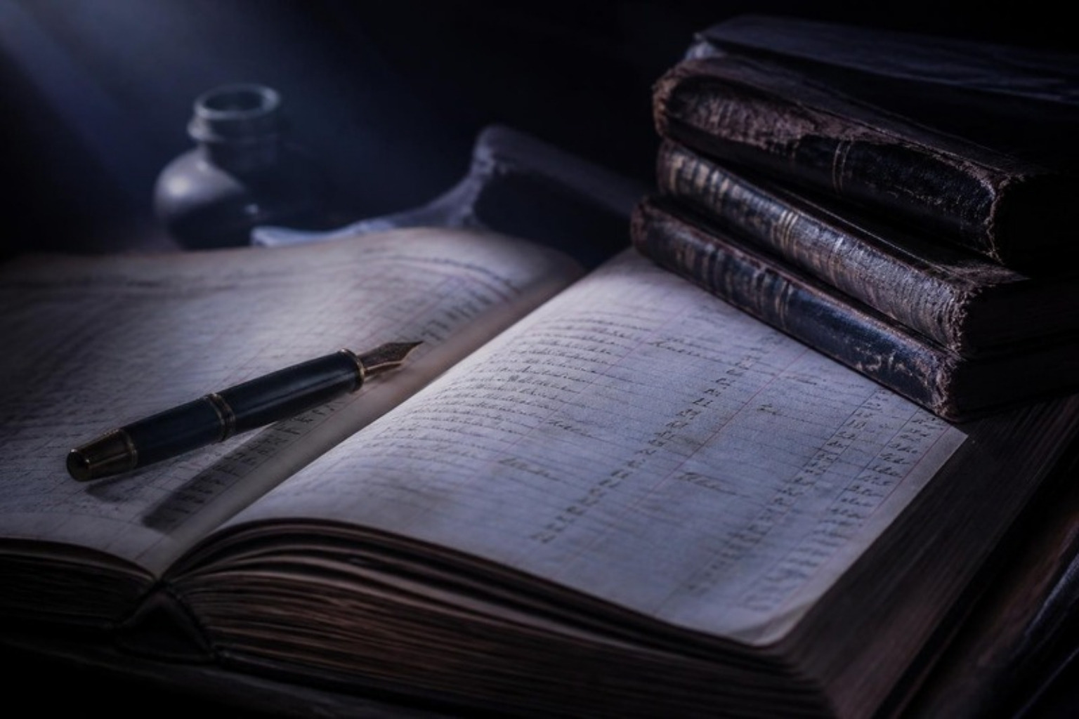 An old accounting ledger open on a dark desk