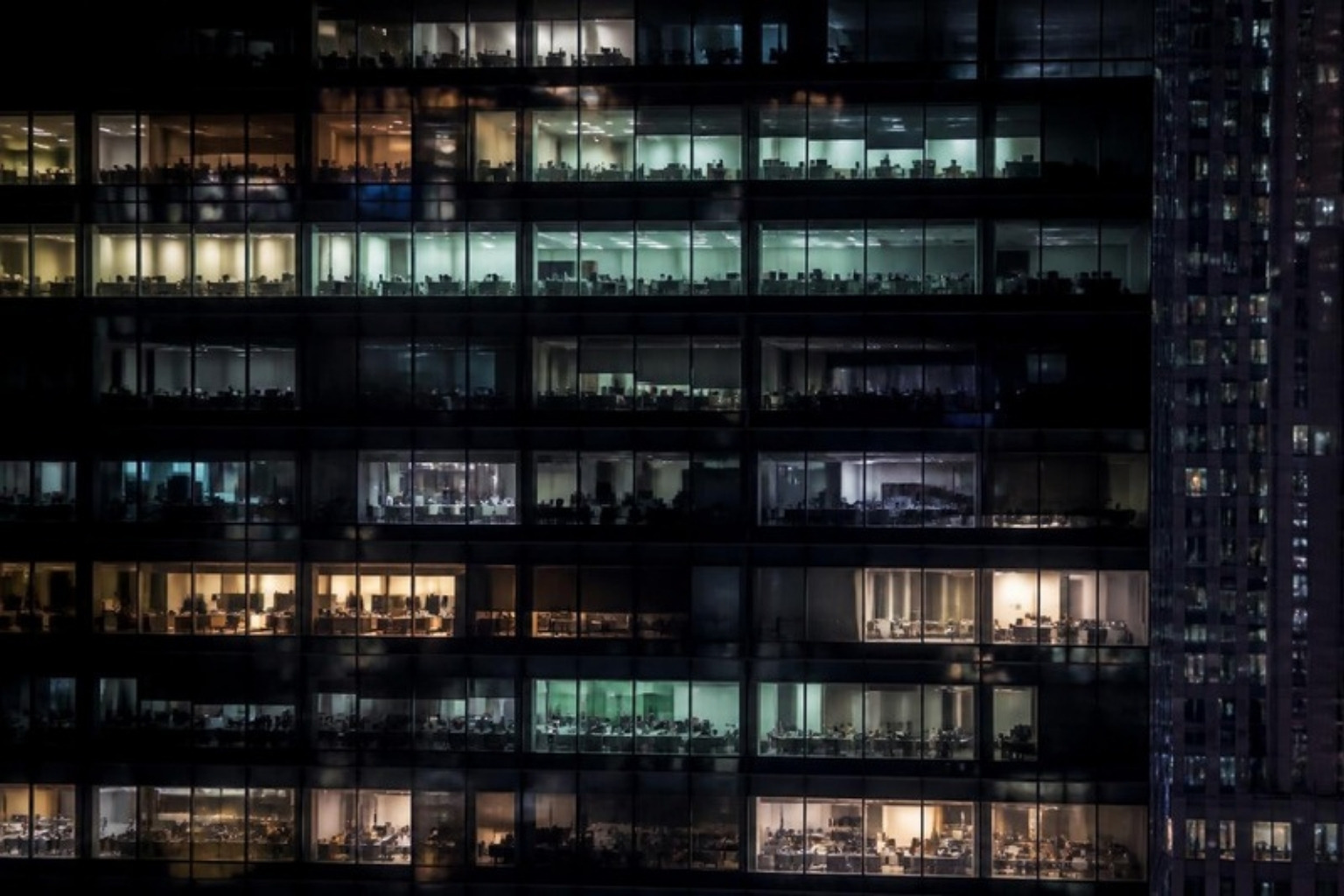 An office tower at night, every floor lit differently
