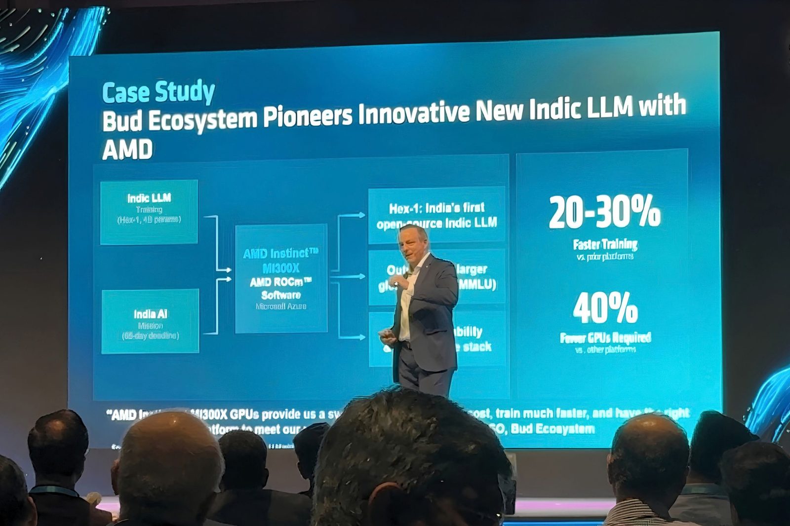 Derek Dicker of AMD on stage in front of a slide titled "Case Study: Bud Ecosystem Pioneers Innovative New Indic LLM with AMD", showing 20–30% faster training and 40% fewer GPUs required