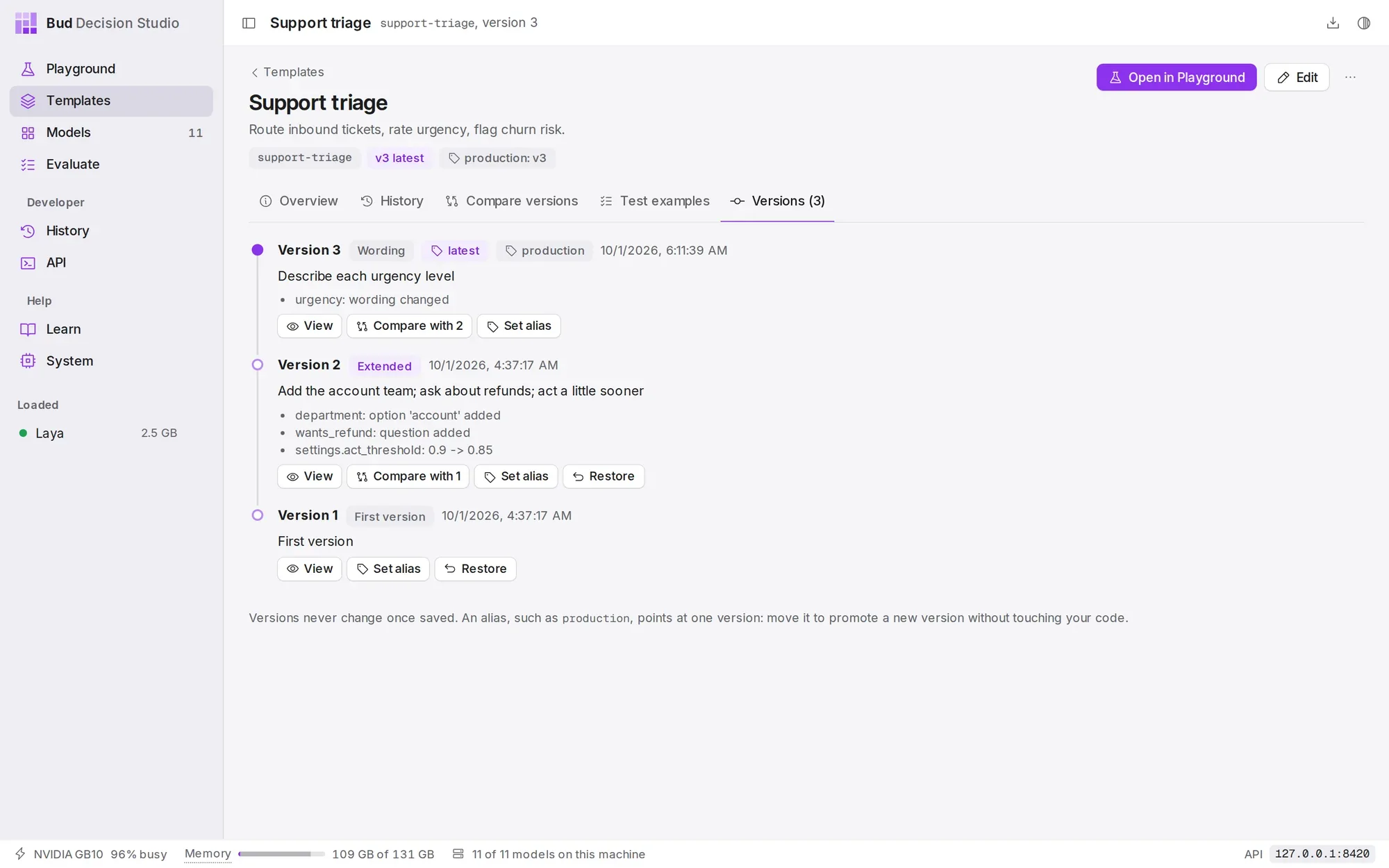 The Versions tab after promoting: version 3 is both latest and production, with its note and the change summary of every version.