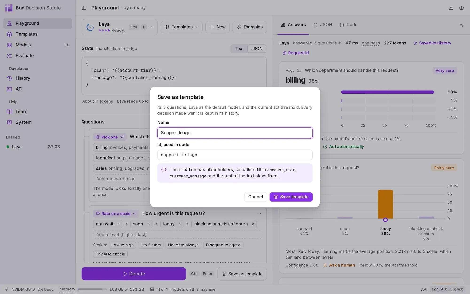 Saving the template. The placeholders account_tier and customer_message become variables that callers fill in.