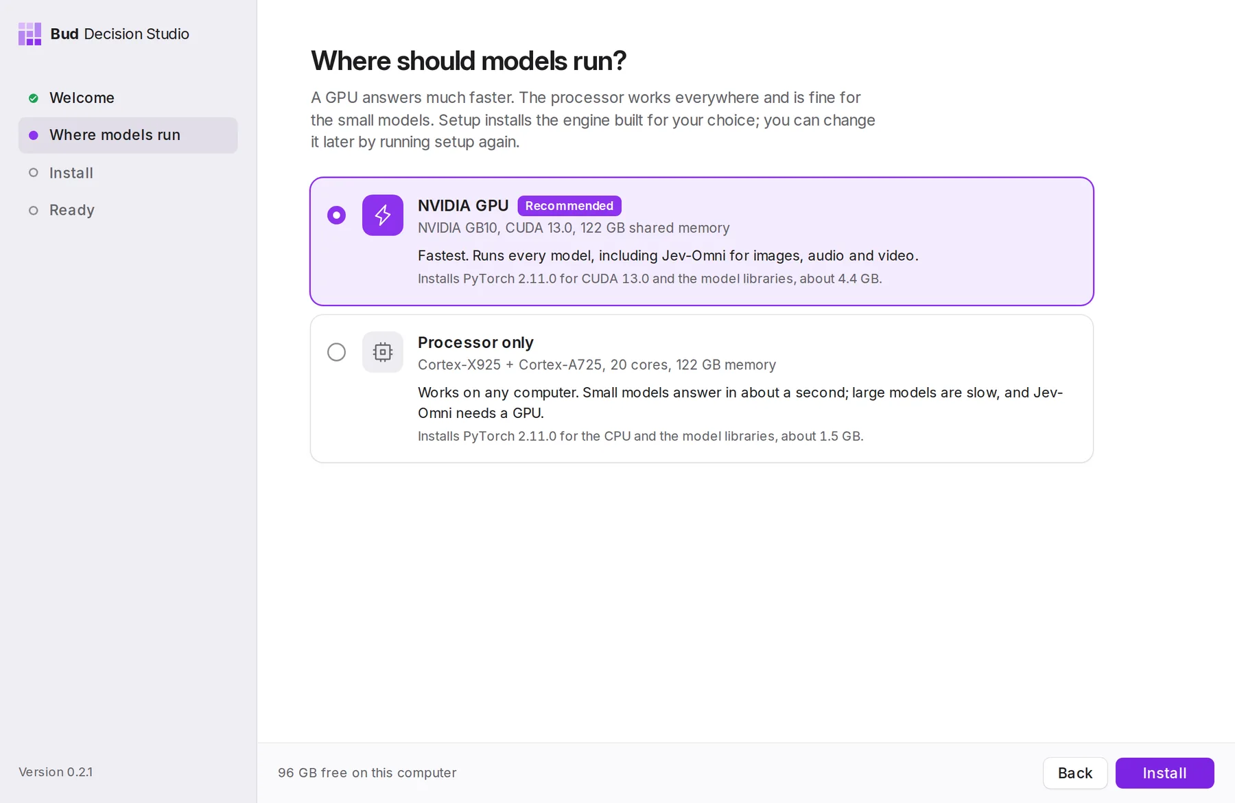 Where should models run? Here the GPU engine is PyTorch for CUDA 13.0, about 4.4 GB; the processor-only engine is about 1.5 GB.