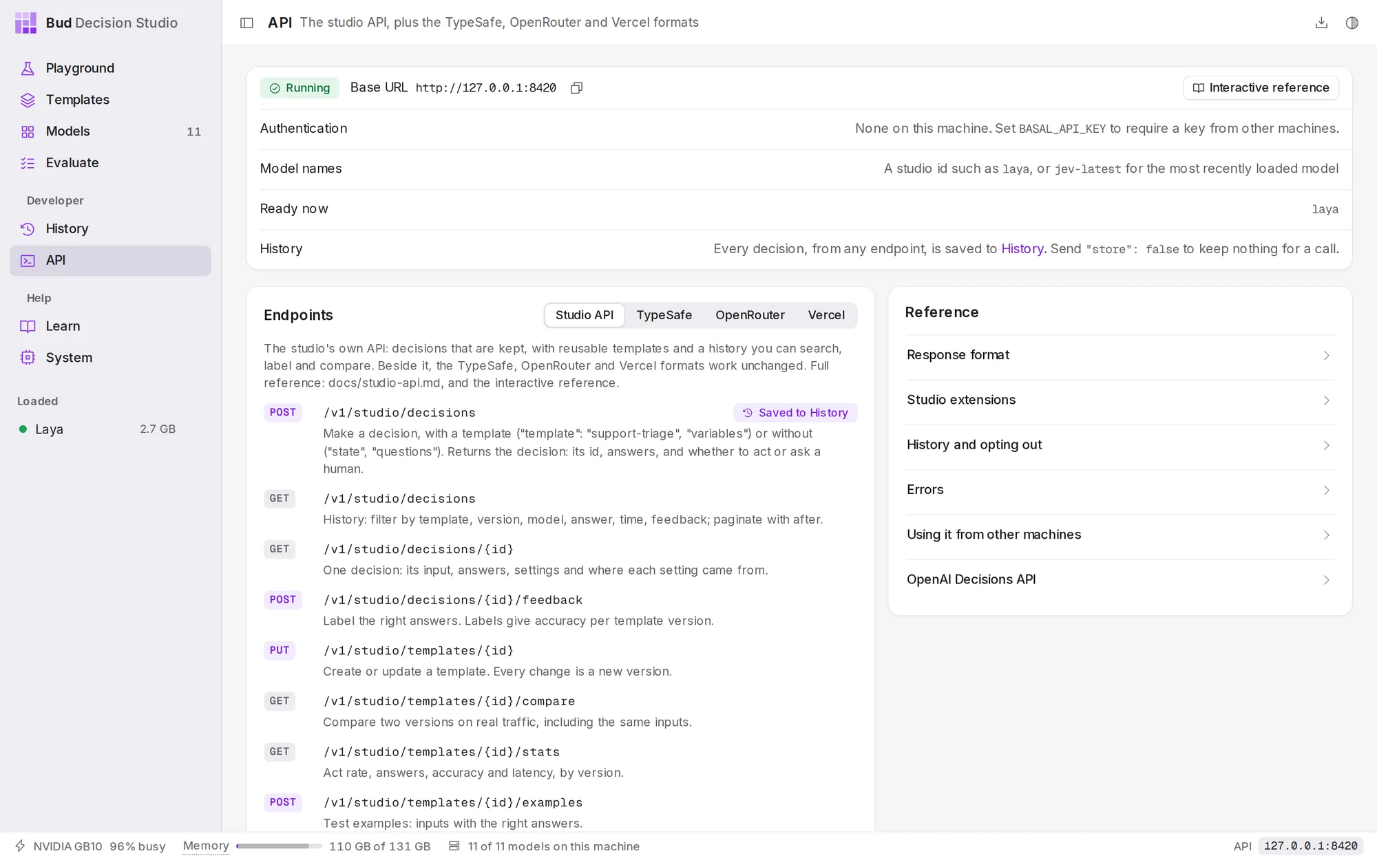The API page: the server's status and address at the top, the endpoints and a quick-start example on the left, and the reference on the right.