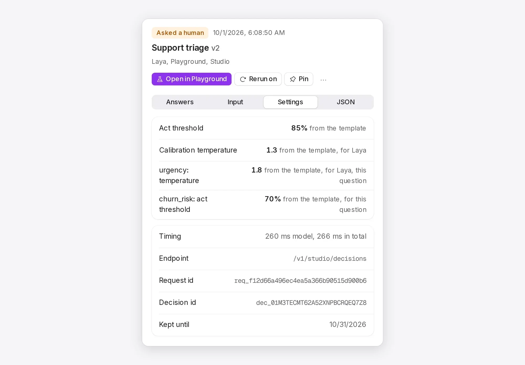 The Settings tab. The act threshold of 85% came from the template; the temperature of 1.3 came from the template's values for Laya; two questions had their own values.