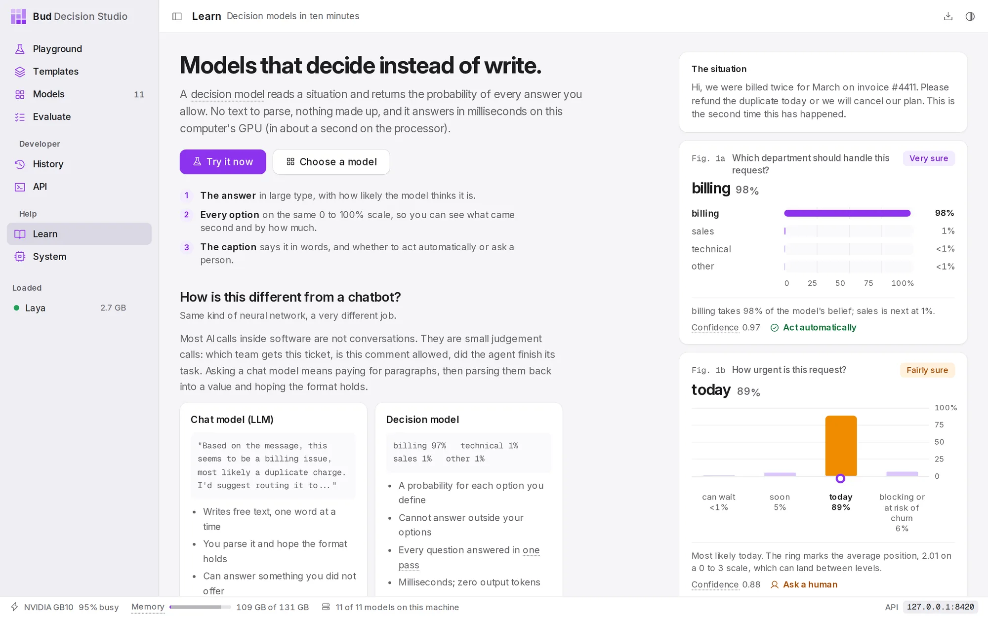 Learn. The introduction is on the left; on the right, a decision about a support message runs live on the loaded model.