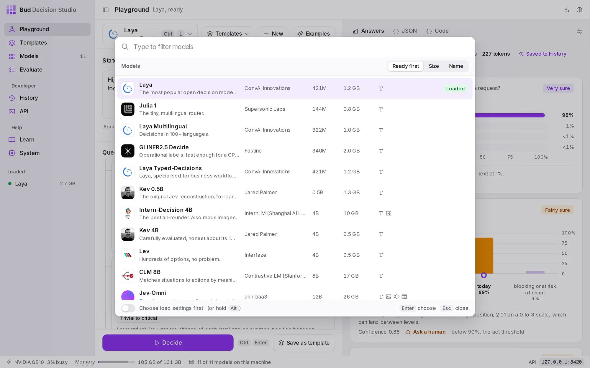 The model list. Type to filter, sort by Ready first, Size or Name, and press Enter to choose. Each row shows the maker, the size, the memory needed and what the model reads.