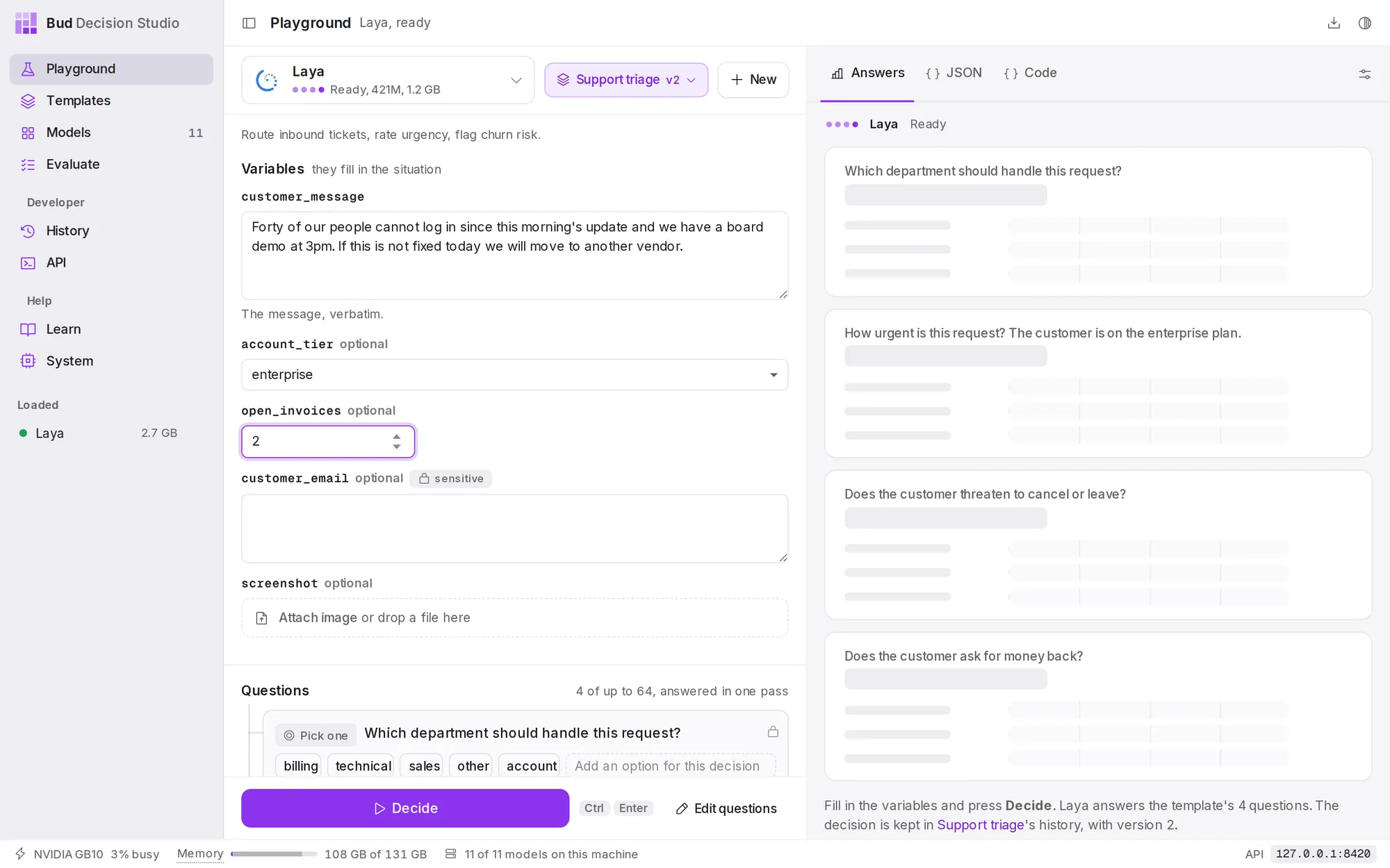 The Support triage template open in the Playground. Its Variables form replaces the situation box: here a message, a plan tier, a number of open invoices, an email marked sensitive