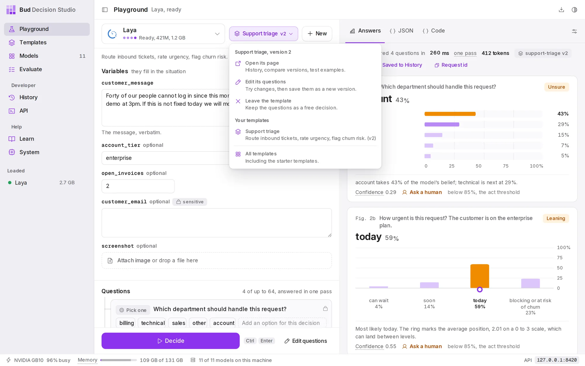 The template menu with a template open: Open its page, Edit its questions, Leave the template (keep the questions as a free decision), and your other templates.