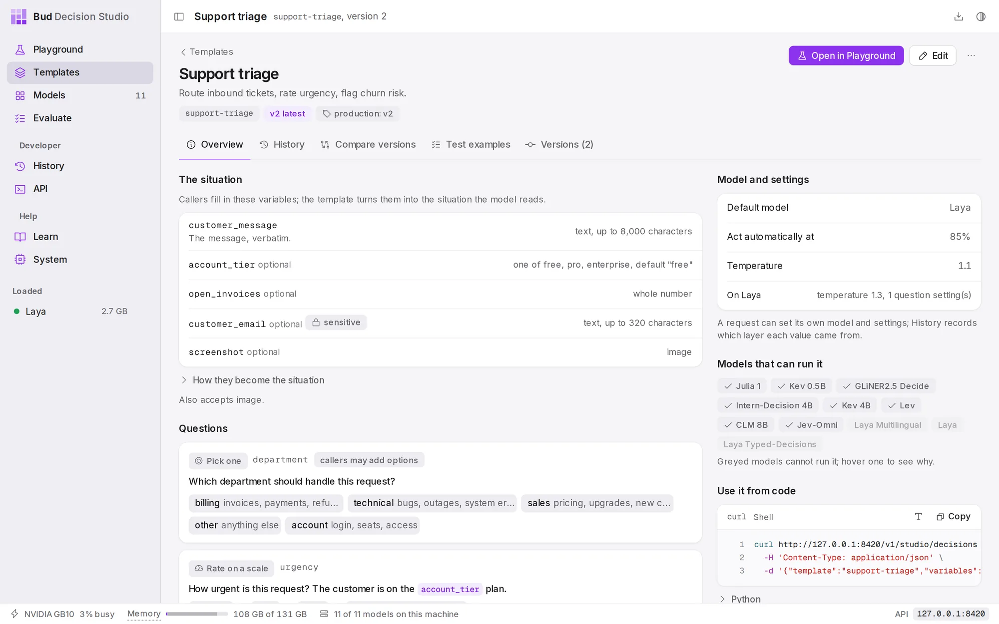 The Overview of Support triage version 2: its five variables and four questions, its model and settings, the models that can run it, and the call to use it from code.