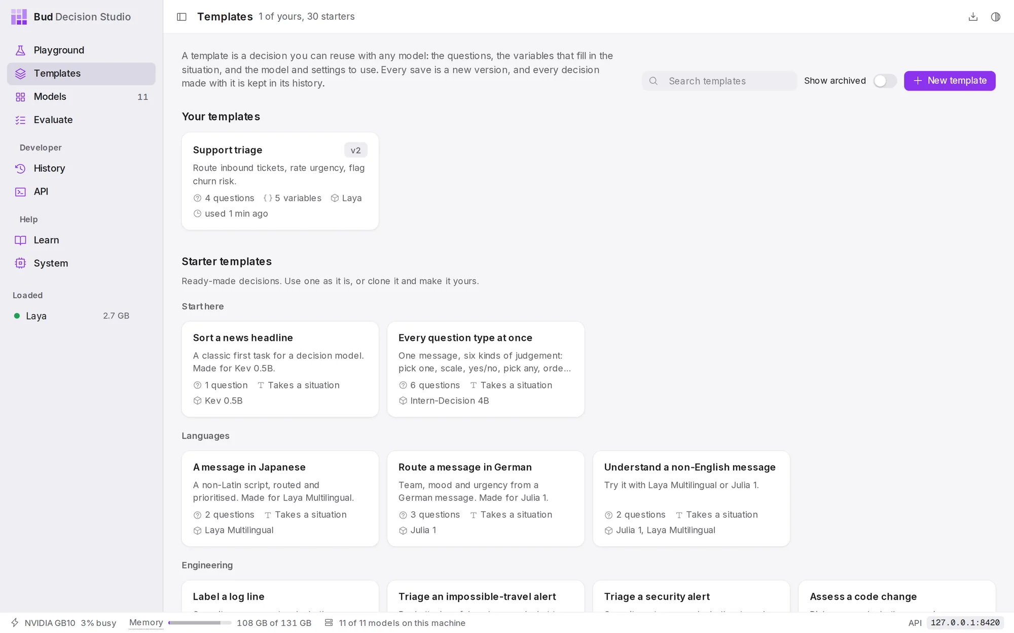 The library. Your templates first, then the Starter templates, grouped by use. Each card shows how many questions and variables the template has, its default model and when it was 