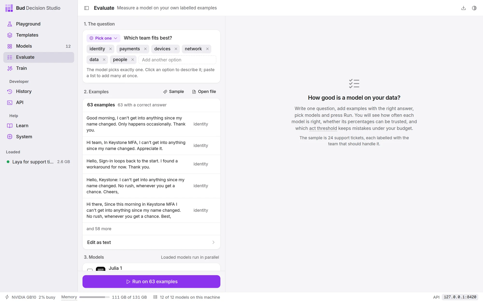 Evaluate, prepared by Compare on Evaluate: the first trained question, the 63 held-out tickets, and the original and the trained model ticked. Choose Run on 63 examples.