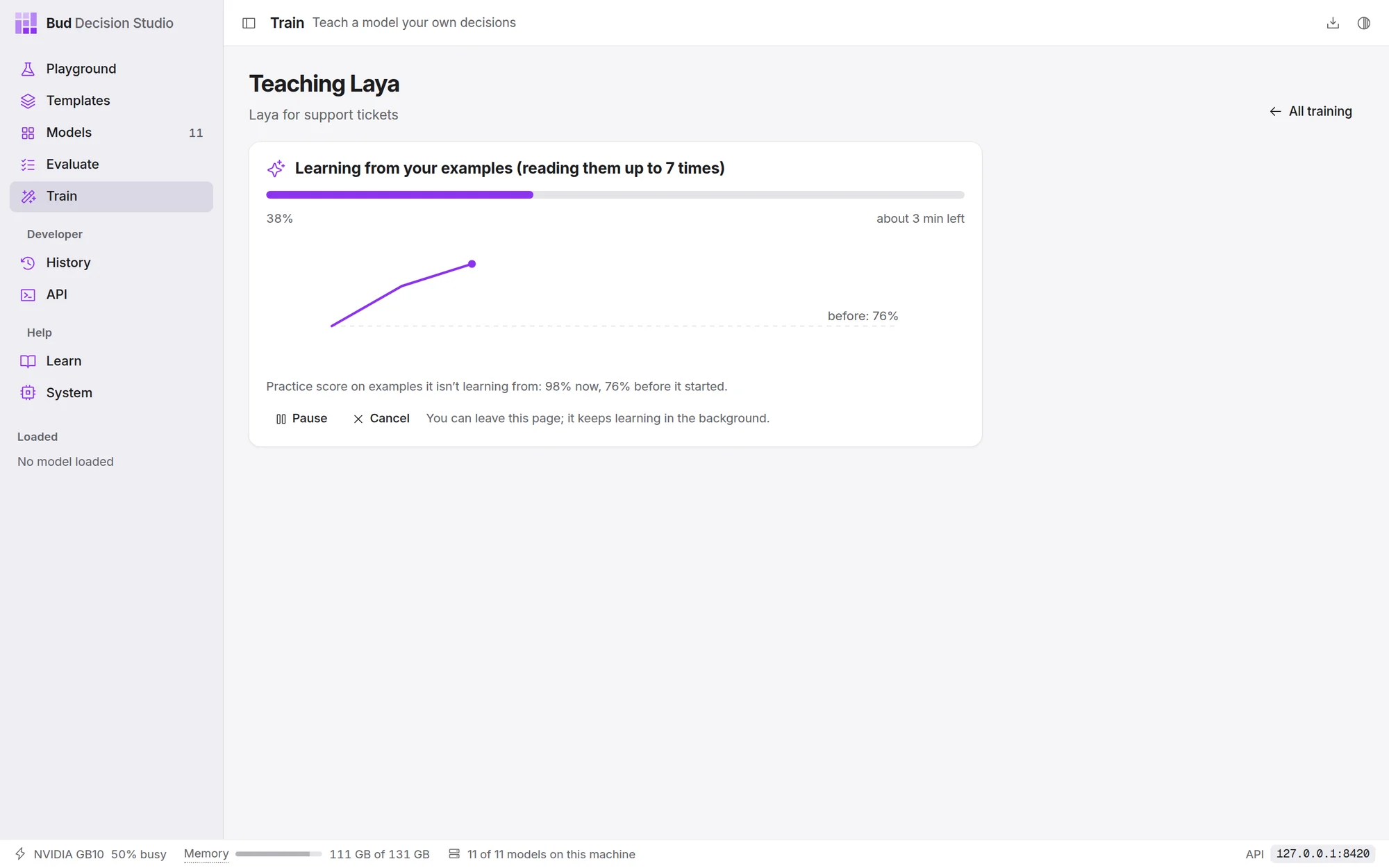 Training in progress: the stage, the time left, and the practice score on examples the model isn't learning from, rising from where it started.