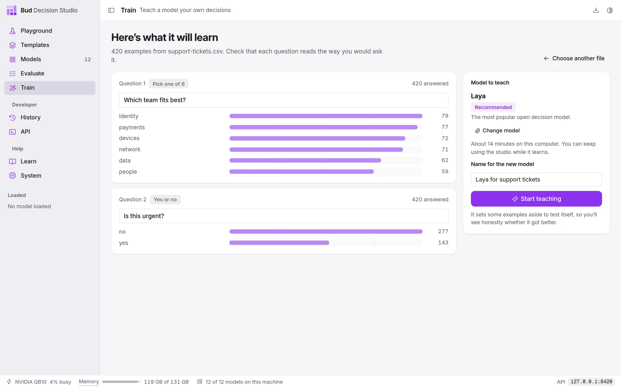 The example file reviewed: two questions, how often each answer appears, the recommended model with its time estimate, and the name the new model will have.