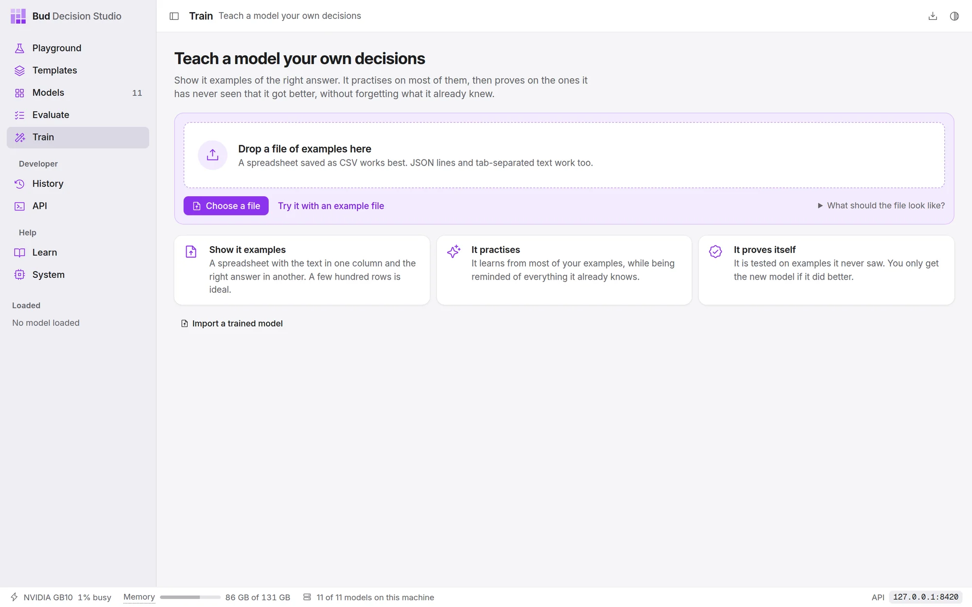 The Train page before any training: drop a file or choose one, or try the built-in example file of 420 support tickets.