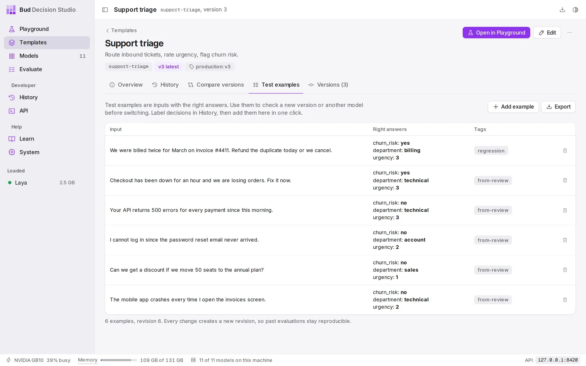 The template's Test examples tab with six examples: each input and its right answers. Export downloads them as JSON Lines.