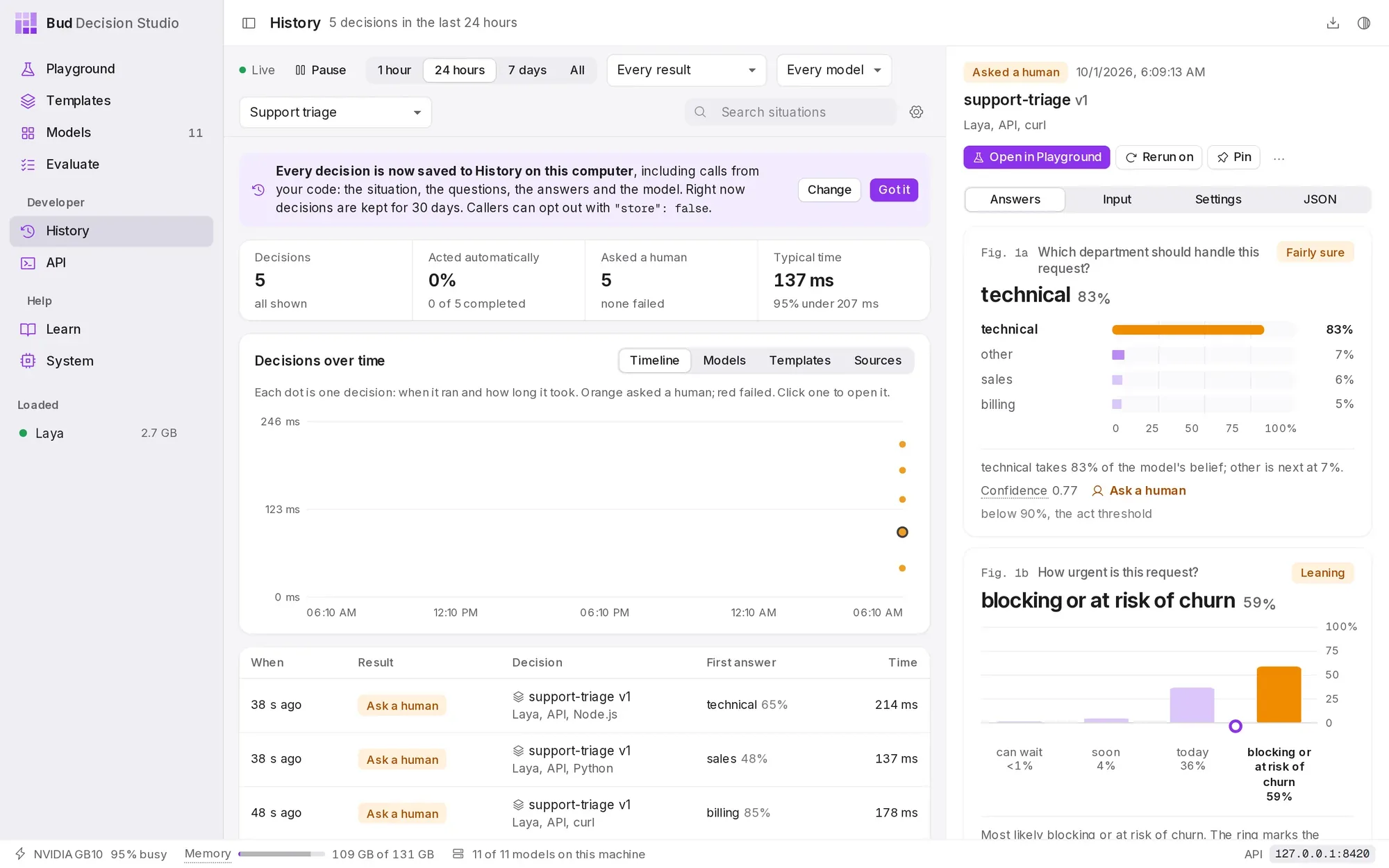 History filtered to Support triage. The decisions from curl, Python and Node.js are listed with their client; the selected one shows each answer and why it asked a person.