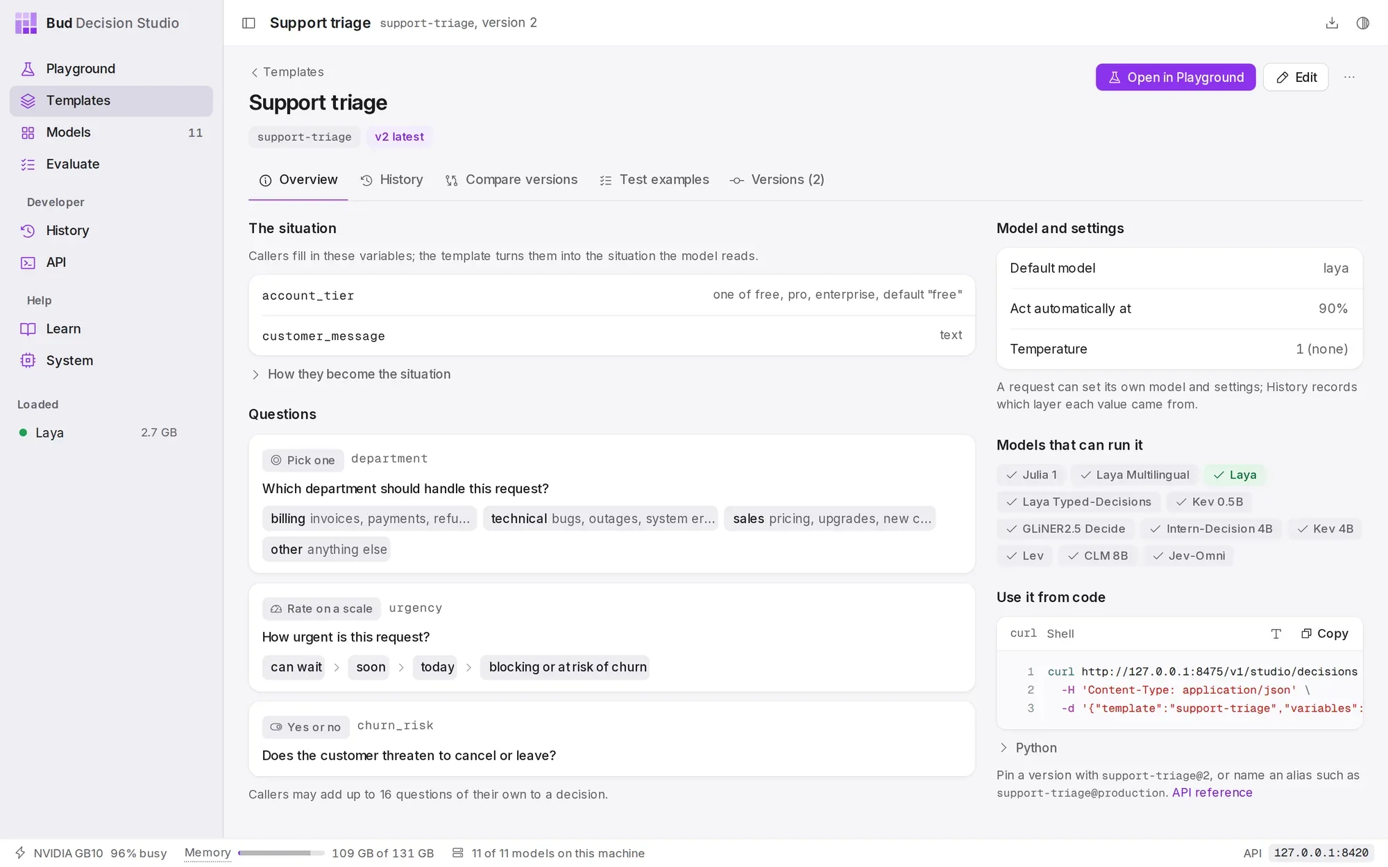 The template's page after version 2: account_tier now shows its three allowed values and its default, and the panel on the right shows how to call it from code.
