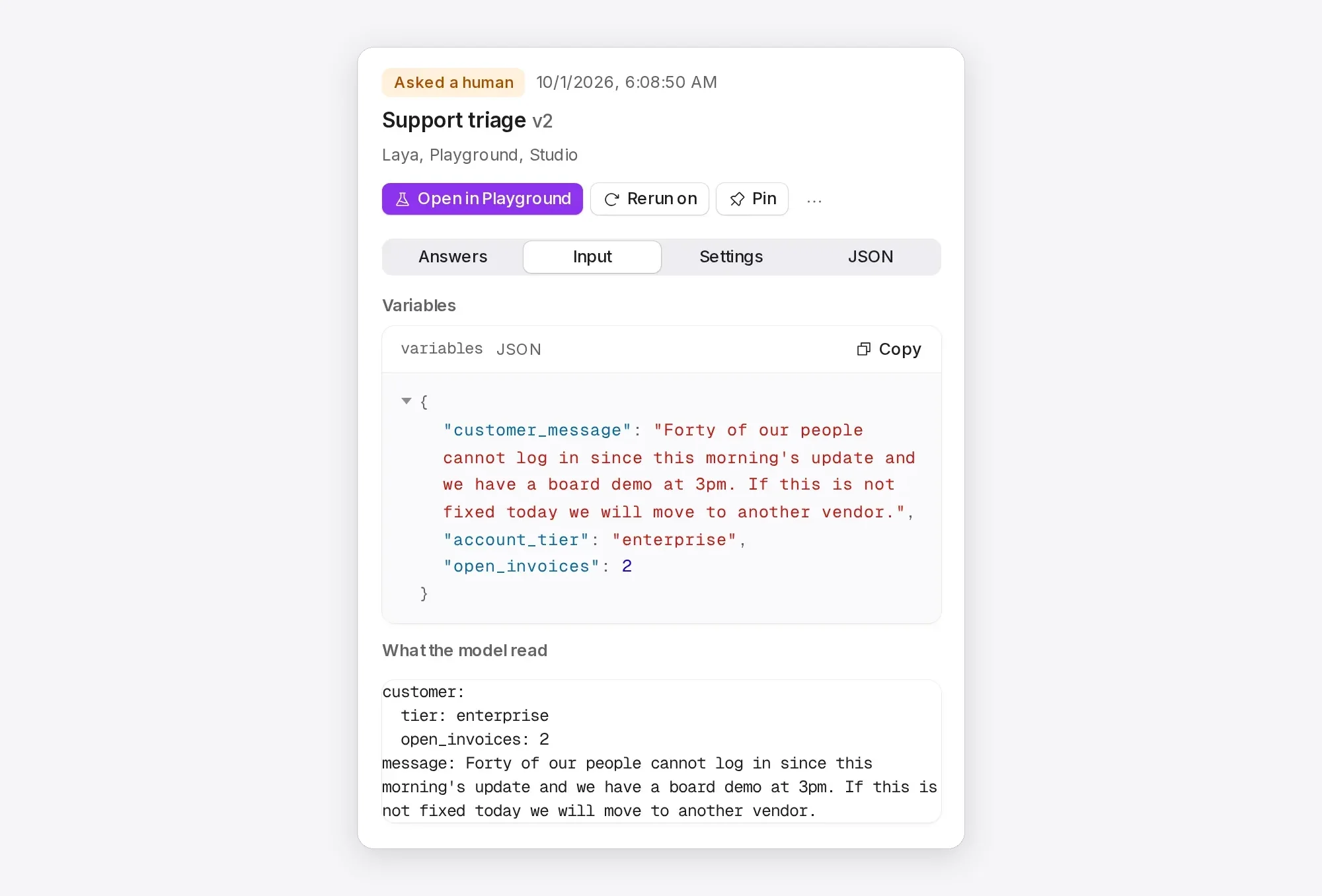 The Input tab: the variables sent by the Playground, and the situation the template built from them.
