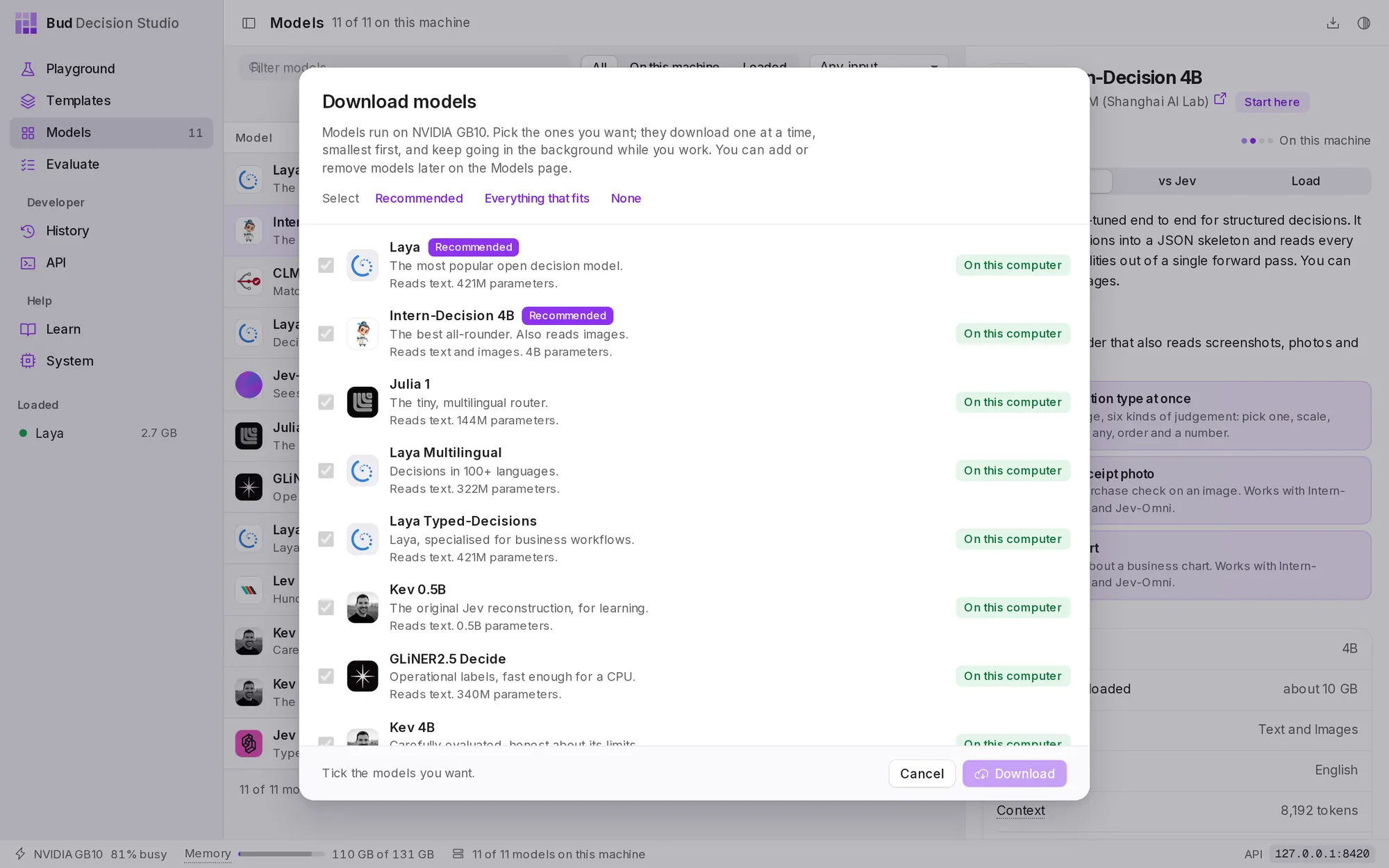 The model list. On first launch it is titled Choose models to download; later you open it with Download models on the Models page, where models already downloaded are marked On thi