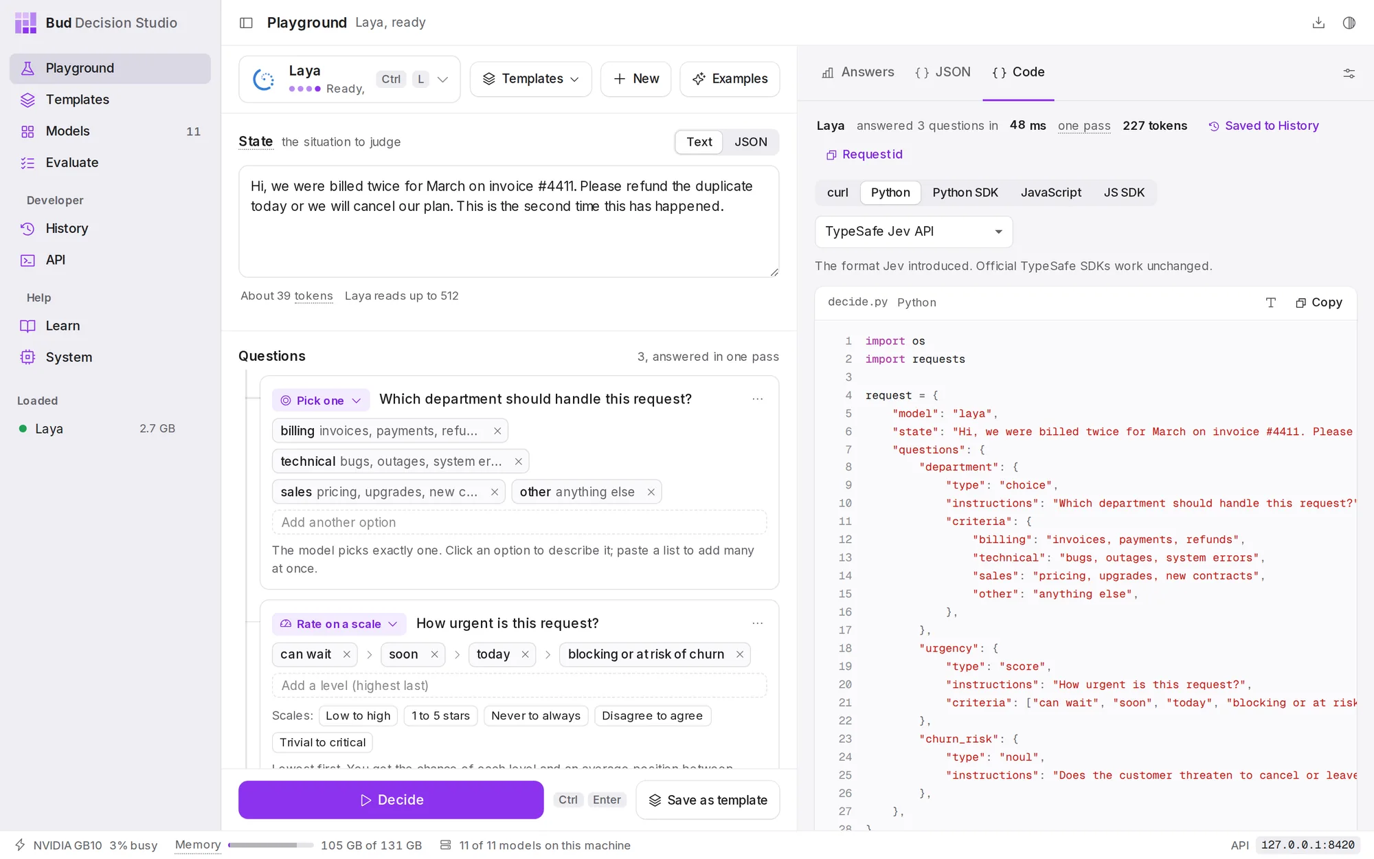 The Code tab. Choose a language (curl, Python, the TypeSafe Python SDK, JavaScript or the TypeSafe JavaScript SDK) and an API format. The default format is TypeSafe's Jev API,
