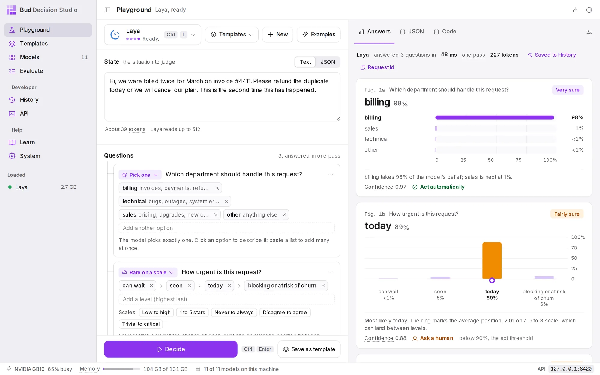 The studio with the Playground open. The sidebar lists the pages and the loaded models; the title bar names the page; the status bar shows where models run, memory, and the API add