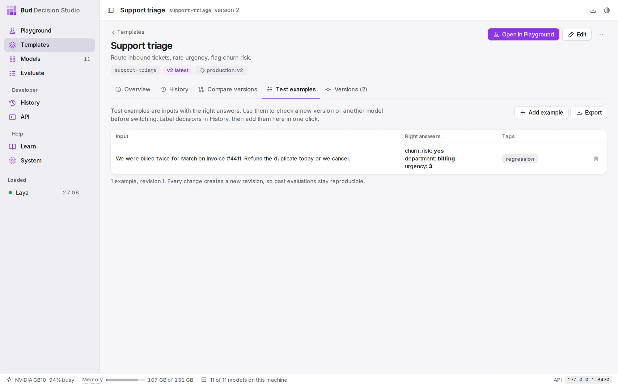 The Test examples tab: each example's input, its right answers and its tags.