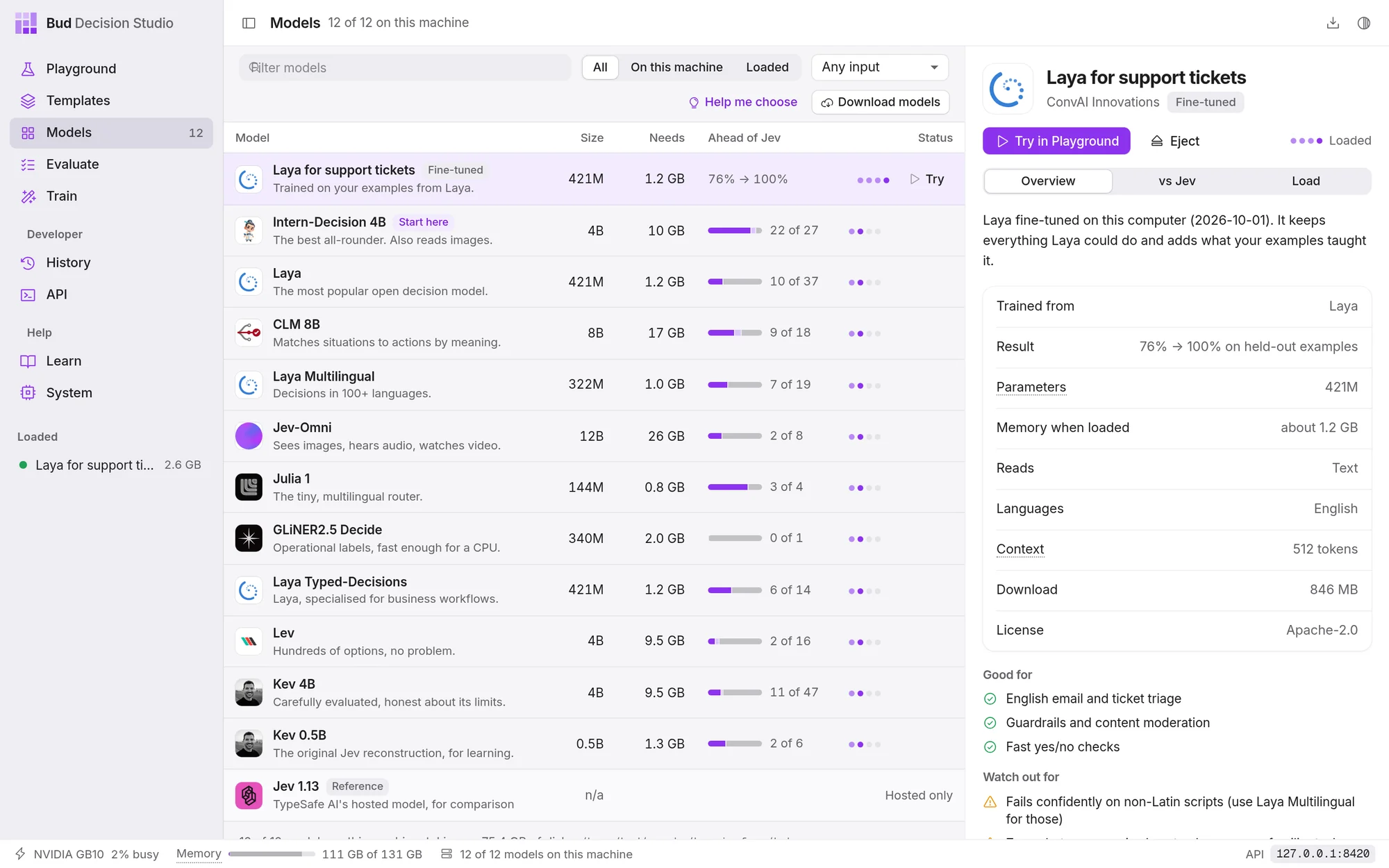 A trained model on the Models page: Laya for support tickets, with its original's logo, the Fine-tuned badge, and its result before and after training.