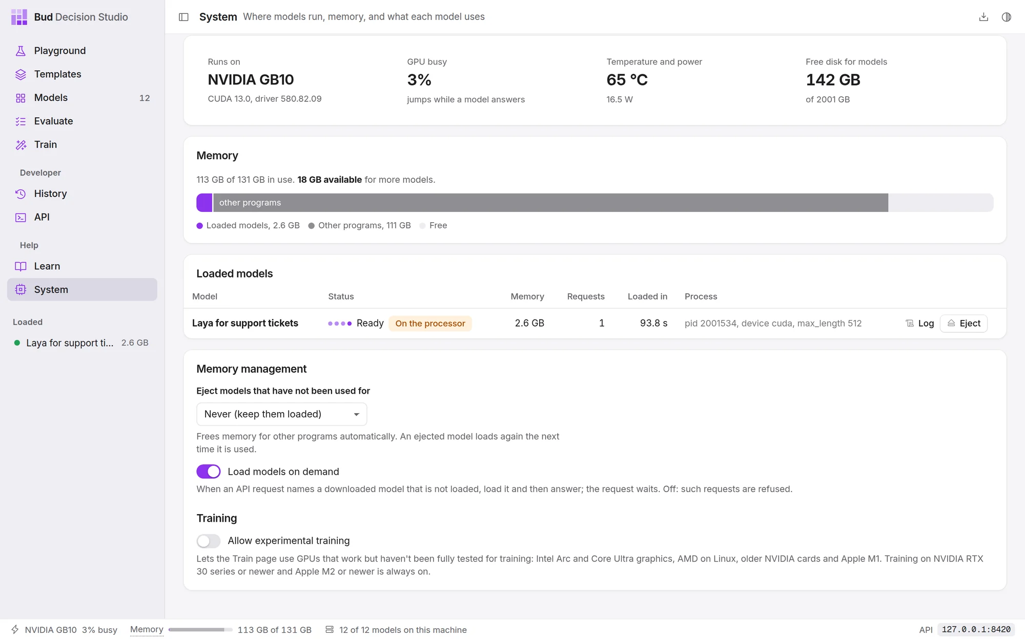 The Training setting at the end of the System page.